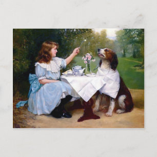 Cartão Postal Pintura de Mesa de Cachorro-Pet-Victorian Girl