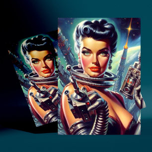 Cartão Postal Pintura de Mulher do Sci-Fi Retro