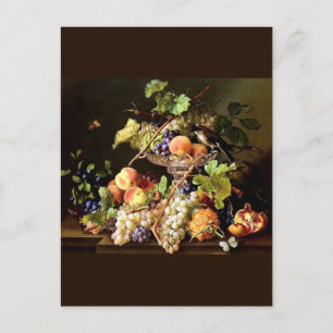 Cartão Postal Pintura de natureza-morta de uvas fruta pássaro