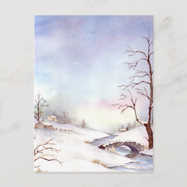 Cartão Postal Pintura de Paisagem de Aquarela da Ponte Snowy (Frente)