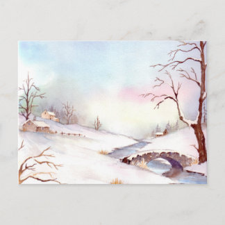 Cartão Postal Pintura de Paisagem de Aquarela da Ponte Snowy