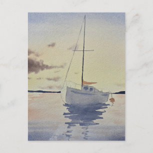 Cartão Postal Pintura de praia com um barco Aquarela 