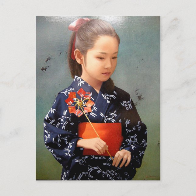 Cartão Postal Pintura de retrato de menina kimono, doce japonesa (Frente)