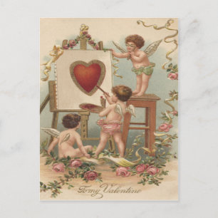 Cartão Postal Pintura de Rosas do Coração de Cupido
