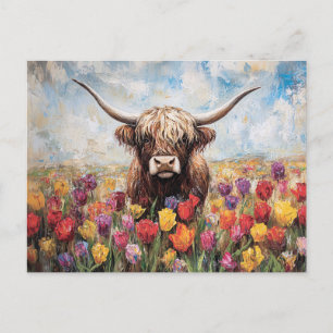 Cartão Postal Pintura de Tulipas Coloridas de Vaca em Highland
