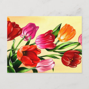 Cartão Postal Pintura de Tulipas Laranja Amarelo Rosa Vermelho