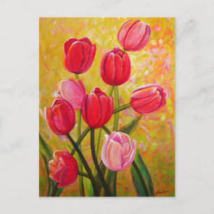 Cartão Postal Pintura de Tulipas Rosa e Vermelhas  