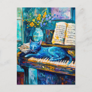 Cartão Postal Pintura de um Gato Dormindo no Piano