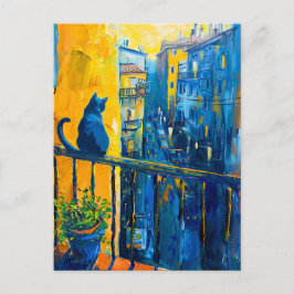 Cartão Postal Pintura de um Gato na Balcony Railing, cidade assi