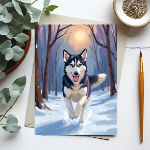 Cartão Postal Pintura do Cão Husky Siberiano Inverno