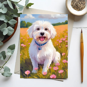 Cartão Postal Pintura do Cão Maltês no Campo de Flores