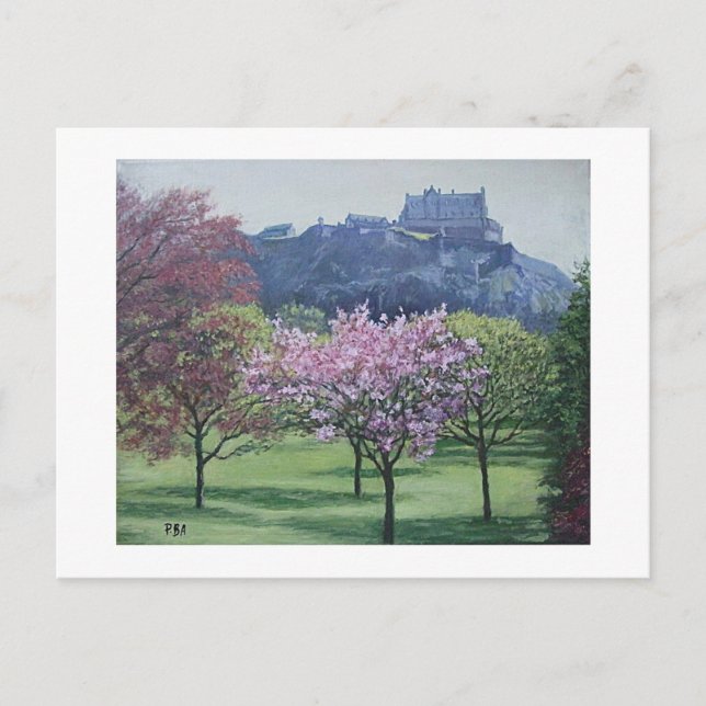 Cartão Postal Pintura do Castelo de Edinburgh Scotland por Pola. (Frente)