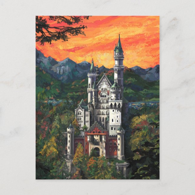 Cartão Postal Pintura do Castelo Schloss Neuschwanstein (Frente)