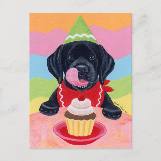 Cartão Postal Pintura do Cupcake de Aniversário do Black Lab Pup (Frente)