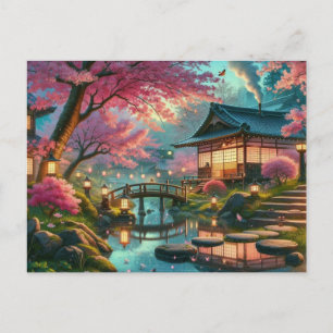 Cartão Postal Pintura do Jardim Japonês Tranquilo na Primavera