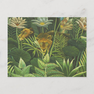 Cartão Postal Pintura do Leão da Selva Tropical de Rousseau