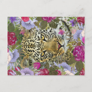 Cartão Postal Pintura do Leopardo Safari Selva Floral