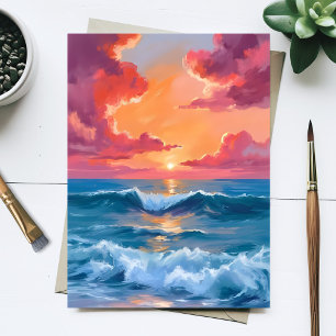 Cartão Postal Pintura do pôr do sol no oceano em aquarela Ondas