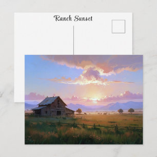 Cartão Postal Pintura do Pôr do Sol no Rancho Fazenda Abandonada