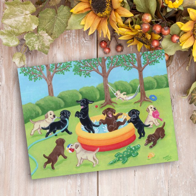 Cartão Postal Pintura dos Labradores do Summer Fun (Summer Fun Labradors Painting Postcard for Labrador Owners.  Whimsical Labrador dog design.)