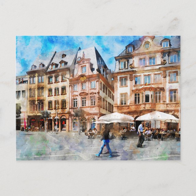 Cartão Postal Pintura em aquarela da área de Mercado em Mainz. (Frente)