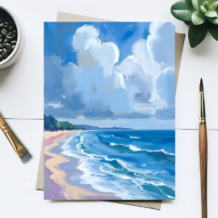 Cartão Postal Pintura em Aquarela da Costa do Oceano Azul