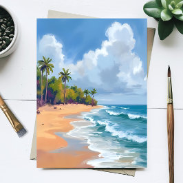 Cartão Postal Pintura em Aquarela da Costa do Oceano no Havaí