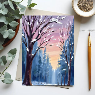 Cartão Postal Pintura em Aquarela da Floresta de Inverno com Nev
