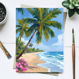 Cartão Postal Pintura em Aquarela da Praia do Havaí com Palmeira