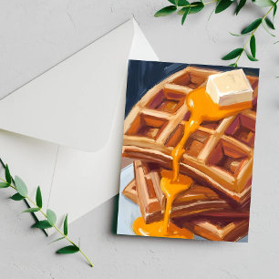 Cartão Postal Pintura em Aquarela de Café da Manhã com Waffles e