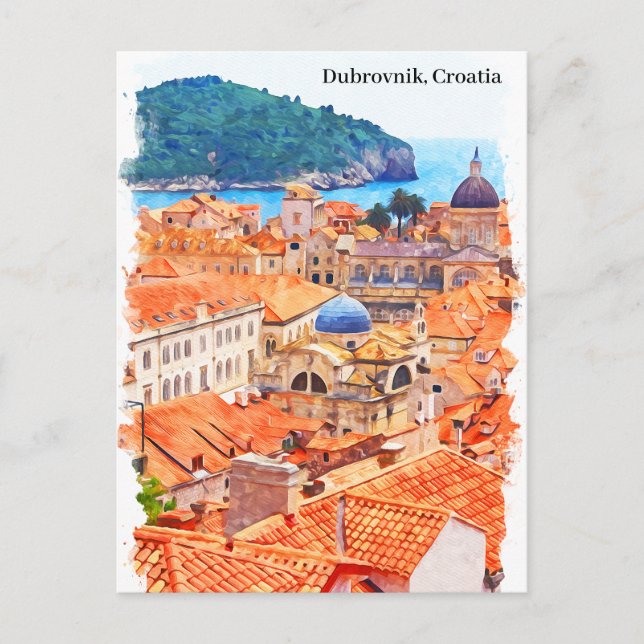 Cartão Postal Pintura em Aquarela de Dubrovnik Croácia (Frente)