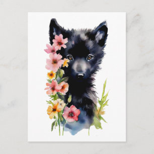 Cartão Postal Pintura em aquarela de filhote de lobo bebê preto