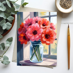 Cartão Postal Pintura em Aquarela de Flores em Vaso Buquê Vermel