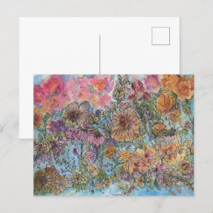Cartão Postal Pintura em Aquarela de Jardim de Flores Boho Chic