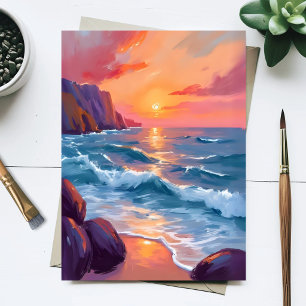Cartão Postal Pintura em Aquarela de Ondas do Oceano ao Pôr do S