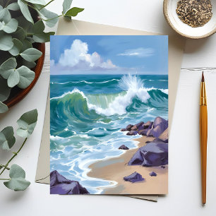 Cartão Postal Pintura em Aquarela de Ondas do Oceano Azul