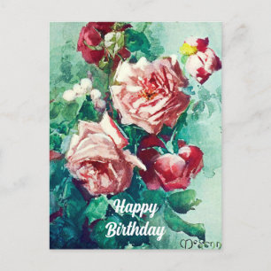 Cartão Postal Pintura em aquarela de rosas cor-de-rosa vintage e