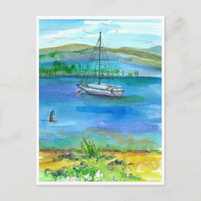 Cartão Postal Pintura em Aquarela do Lago Sail Boat Mountain (Frente)