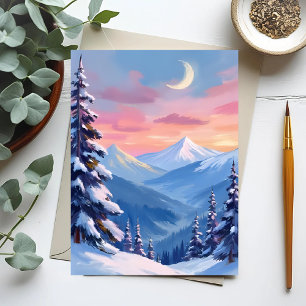 Cartão Postal Pintura em Aquarela do Luar de Inverno na Montanha