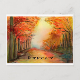 Cartão Postal Pintura em Aquarela do Outono na Floresta
