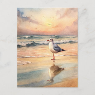 Cartão Postal Pintura em Aquarela do pôr do sol na praia com gai