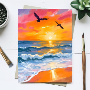 Cartão Postal Pintura em Aquarela do Pôr do Sol no Oceano Dourad