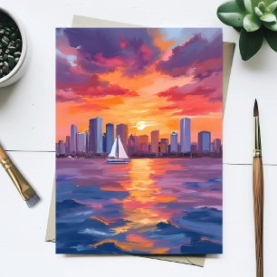 Cartão Postal Pintura em Aquarela do Reflexo do Pôr do Sol no Ho