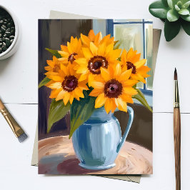 Cartão Postal Pintura em Aquarela Floral de Buquê de Girassóis