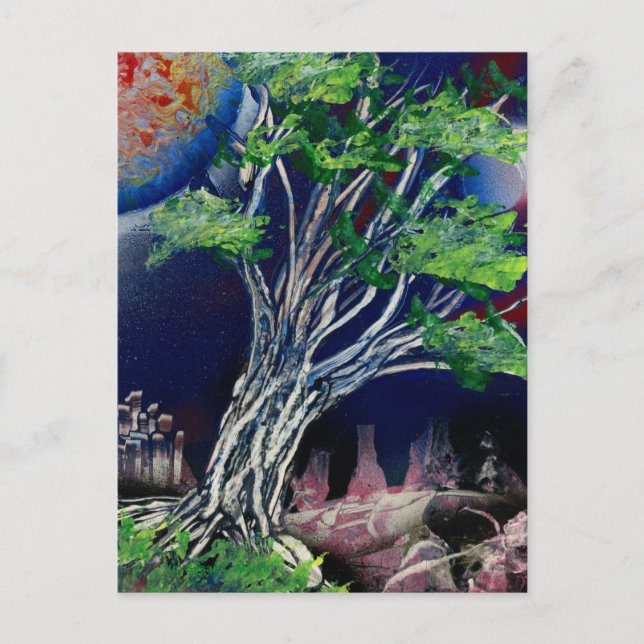 Cartão Postal Pintura em árvore com cidade azul e sol laranja (Frente)