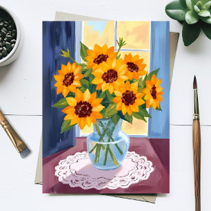 Cartão Postal Pintura Floral Aquarela de Buquê de Girassóis
