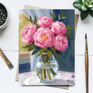 Cartão Postal Pintura Floral Aquarela de Buquê de Peônia Rosa