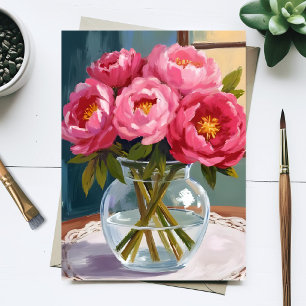 Cartão Postal Pintura Floral Aquarela de Buquê de Peônia Rosa