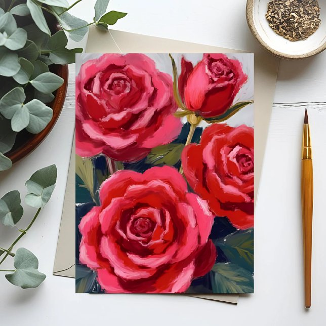 Cartão Postal Pintura Floral de Rosas Vermelhas (Criador carregado)