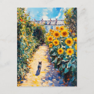 Cartão Postal Pintura Impressionista de Óleo de Gato em Jardim